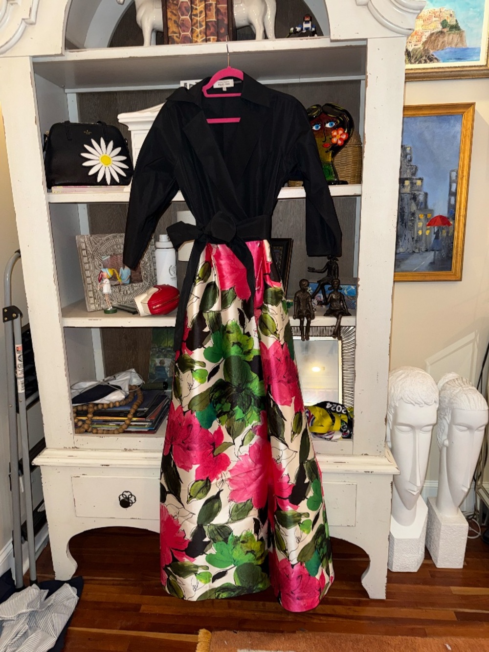 Teri Jon Rickie freeman sz 12 Taffeta shirt dress gown black top floral skirt - Picture 7 of 7